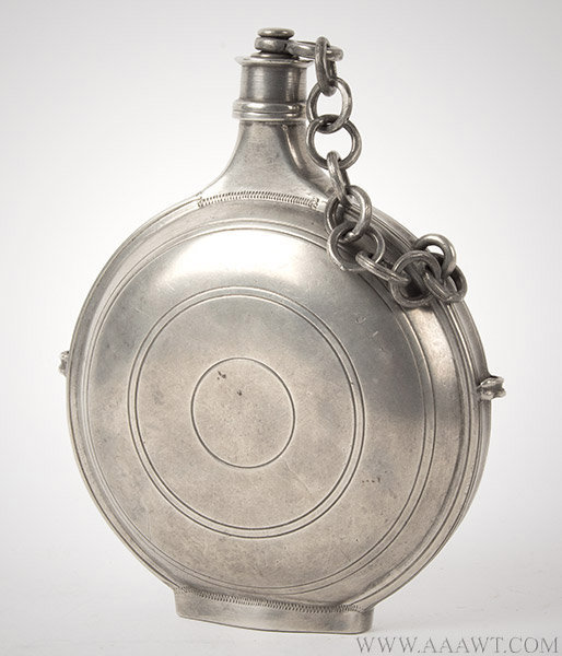 Antique Pewter Traveling Flask,
Pilgerflasche or Pilgrim Bottle, Swiss
Unmarked, Switzerland,
Late 18th or Early 19th Century, entire view